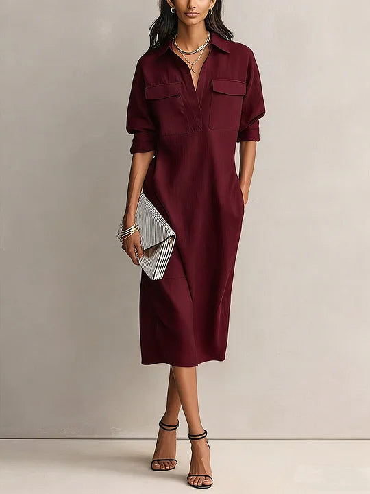 Vestido casual em algodão e linho, de cor sólida, manga comprida e corte largo