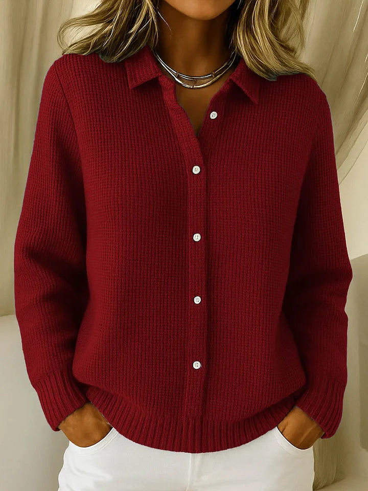 Cardigan de manga comprida e lapela para mulher, cor sólida
