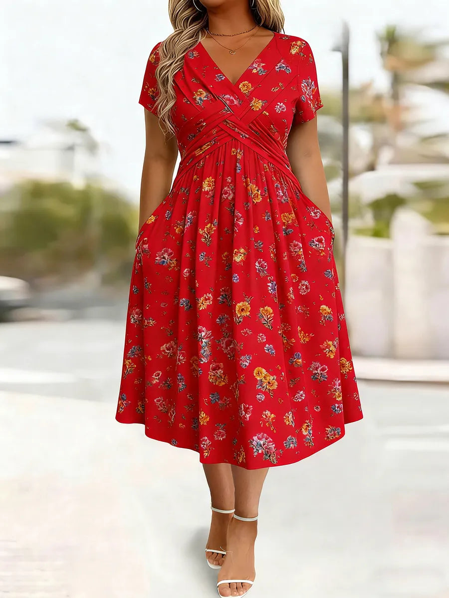 Vestido floral para mulher com decote em V e cintura