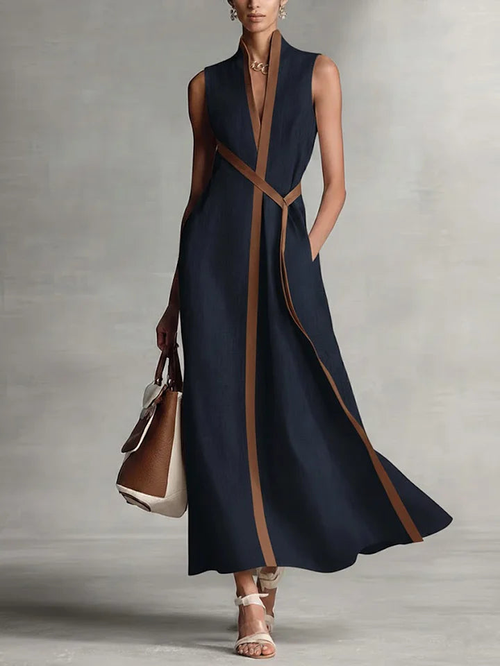 Vestido casual de menina solto sem mangas com gola alta em algodão e linho