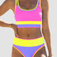 ✨Conjunto de biquíni de 3 peças colorido e desportivo, fabricado em nylon de alto contraste.