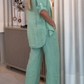 Fato casual de senhora em algodão e linho com lapelas, abotoamento simples, duas peças