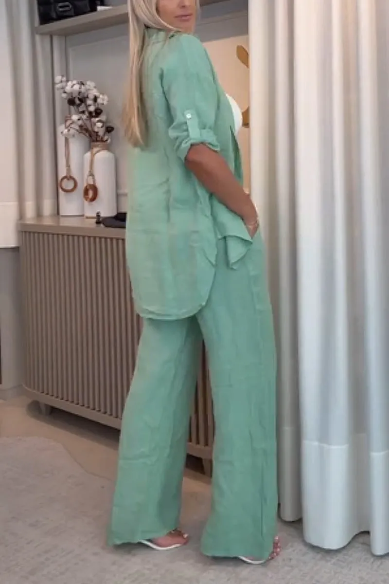 Fato casual de senhora em algodão e linho com lapelas, abotoamento simples, duas peças