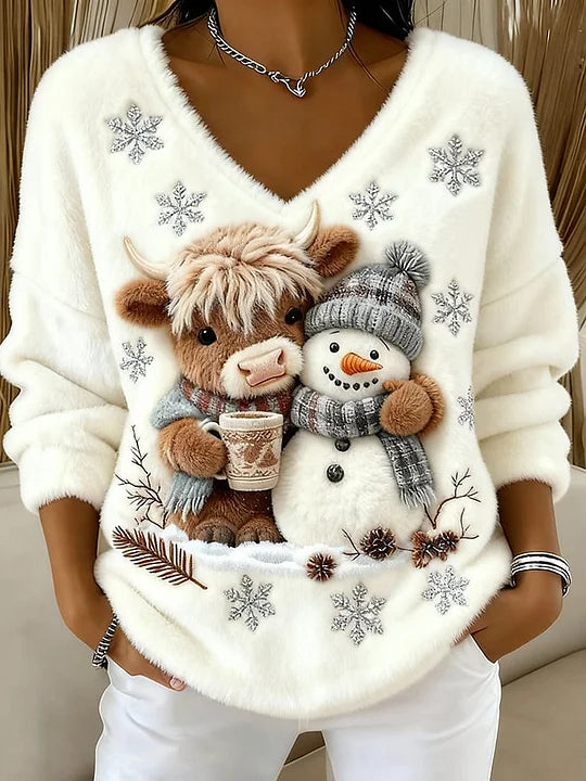 🔥Blusa de senhora com estampado animal e boneco de neve, decote em V