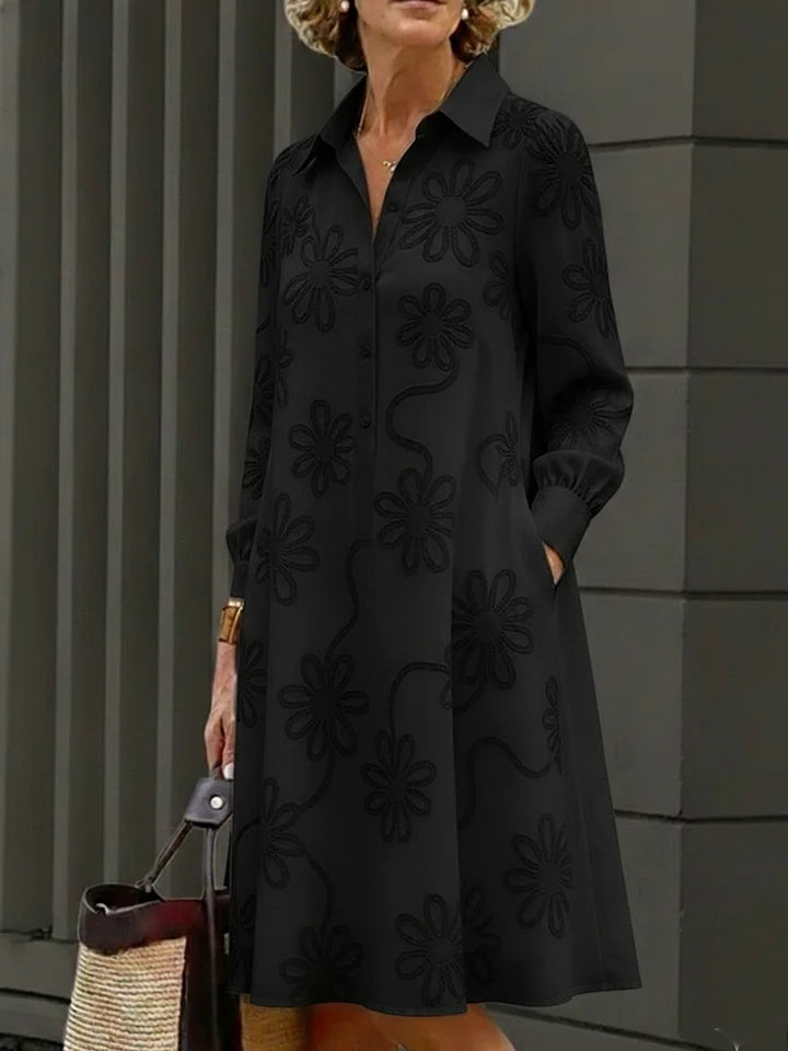 Vestido elegante com bordado floral e gola de camisa