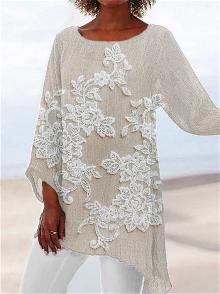 Camisa de linho bordada com renda floral vintage
