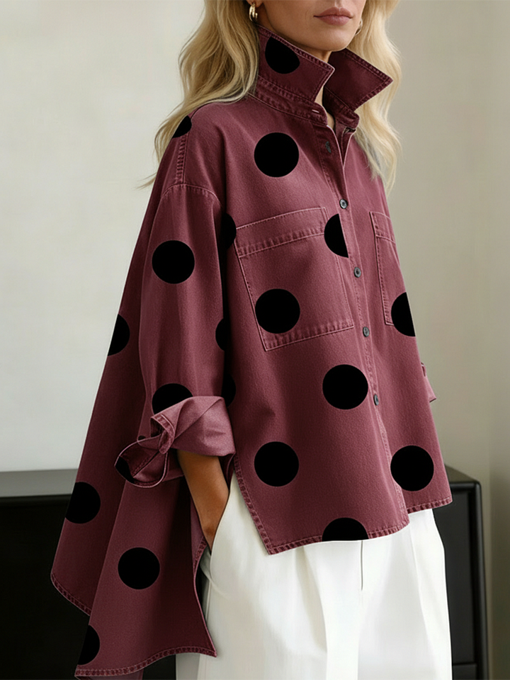 Blusa de ganga elegante com estampado artístico de bolinhas e gola alta