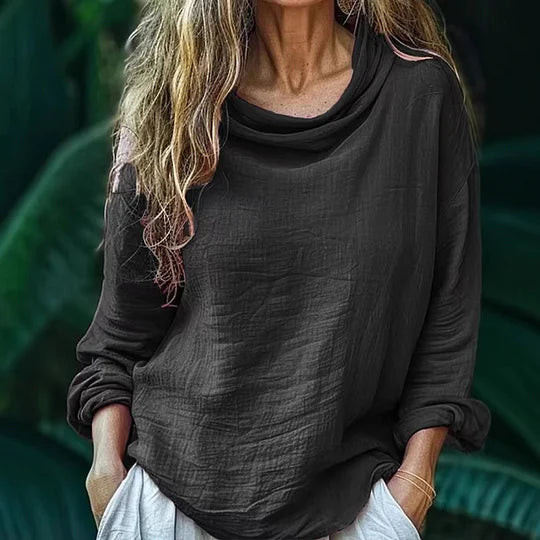 Blusa de linho para mulher, estilo boémio, simples e casual, de manga comprida