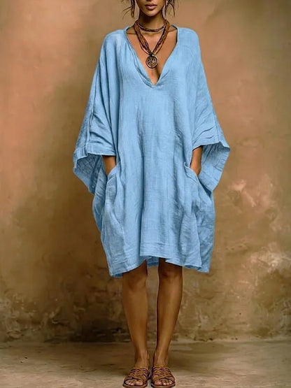Vestido casual largo em linho e algodão