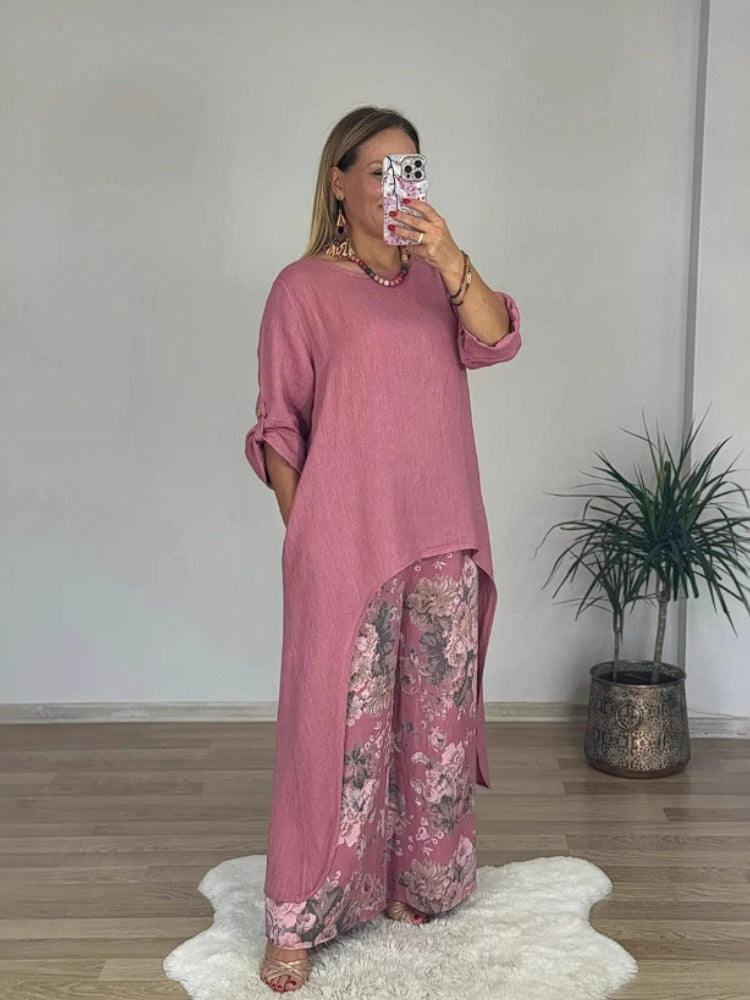 Fato casual de algodão e linho com blusa irregular e calças largas