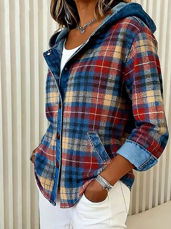 Casaco de ganga para mulher com capuz e estampado xadrez em blocos de cores