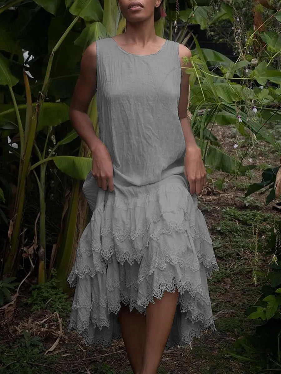 Vestido sem mangas de cor sólida com acabamento em renda