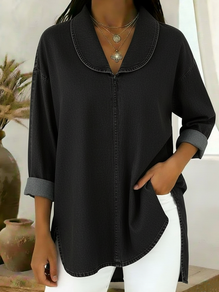Blusa retro de algodão e jeans com gola xaile