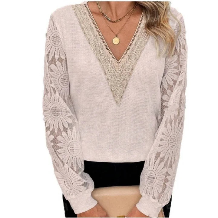 💖 (S-2XL) 🌼 Elegante top de renda floral com decote em V