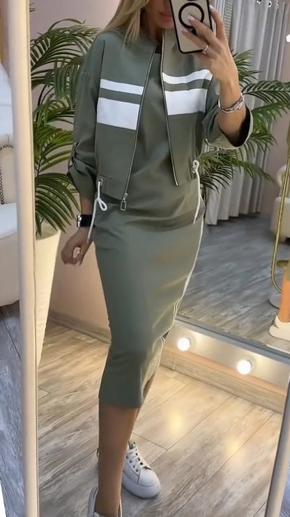 Conjunto casual de vestido e casaco para mulher com gola redonda