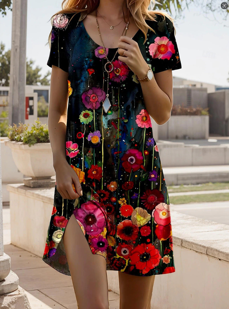 Vestido estampado com gola redonda e manga curta