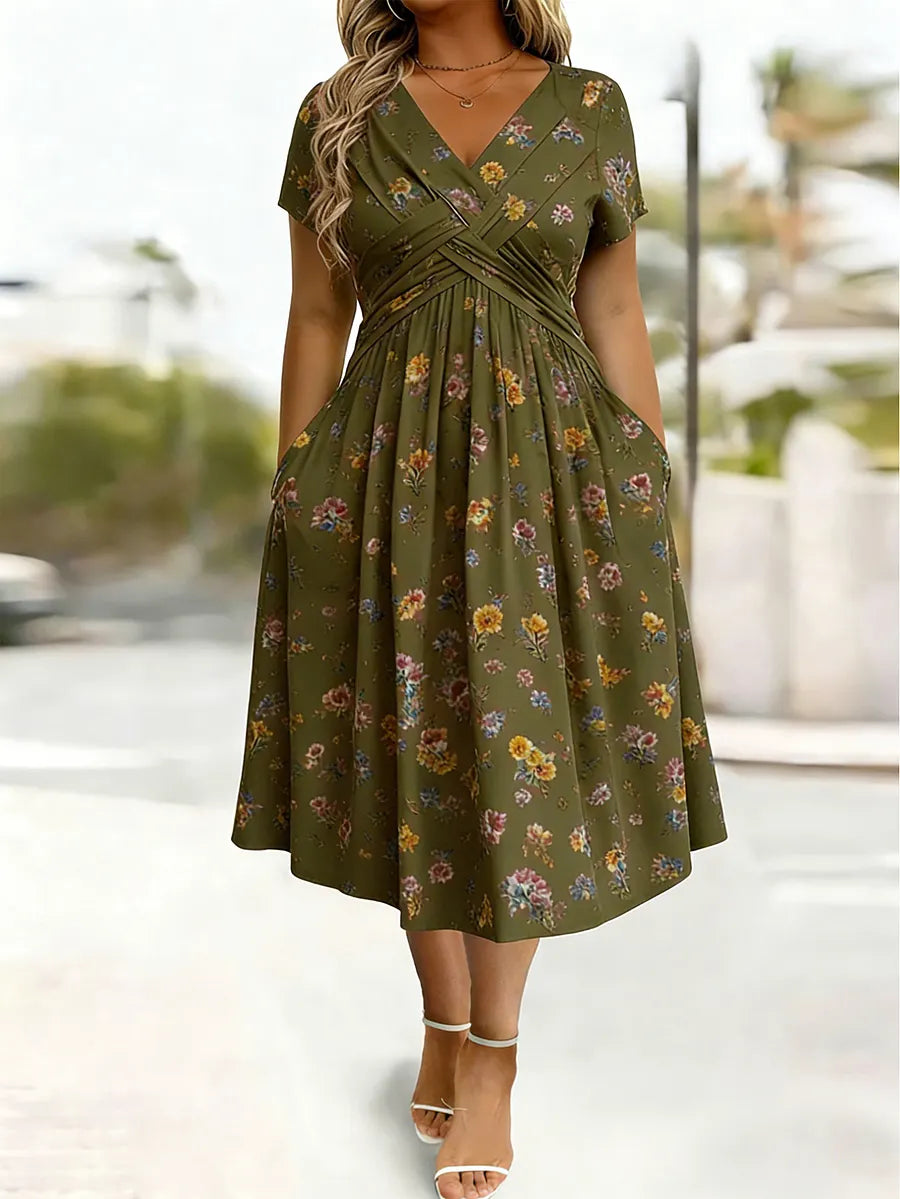 Vestido floral para mulher com decote em V e cintura