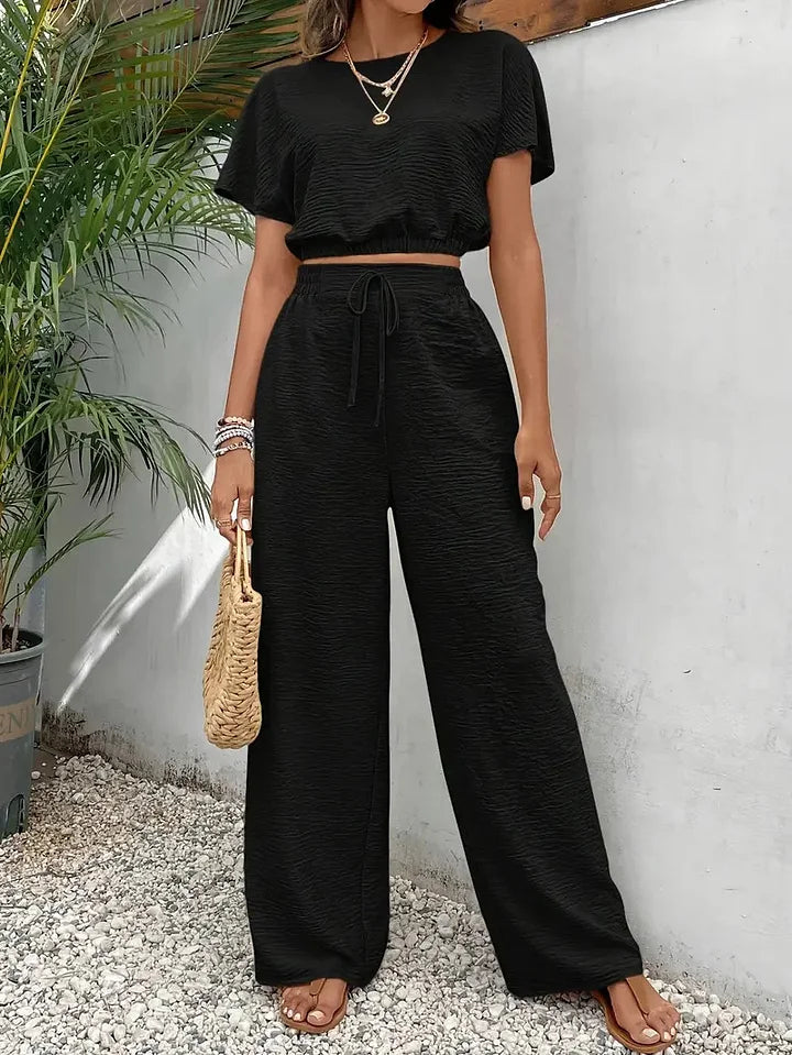 🍃Conjunto de duas peças para mulher com mangas curtas e calças direitas e largas