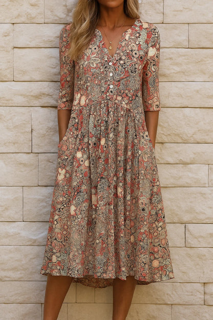 Vestido floral elegante com decote em V