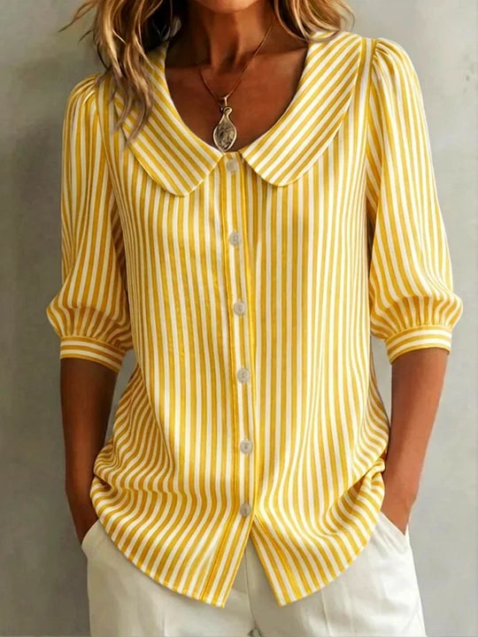 🔥 Camisa de senhora retro às riscas em algodão e linho com gola Peter Pan