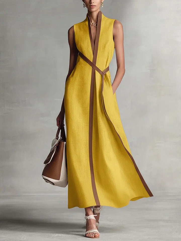 Vestido casual de menina solto sem mangas com gola alta em algodão e linho