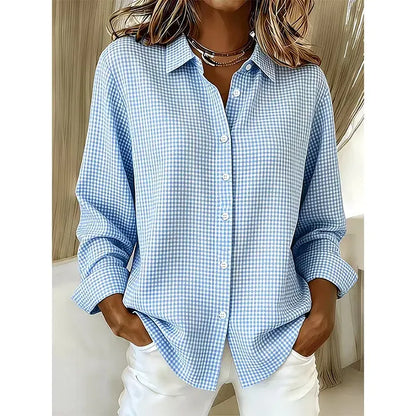 Camisa xadrez de manga comprida para mulher em estilo retro