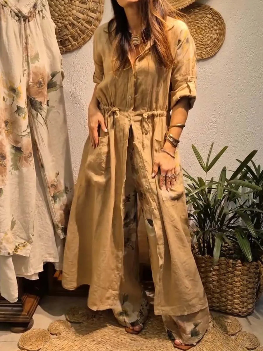 Conjunto casual de linho para mulher: Cardigan largo de manga comprida com gola e calças pantalona de cintura alta