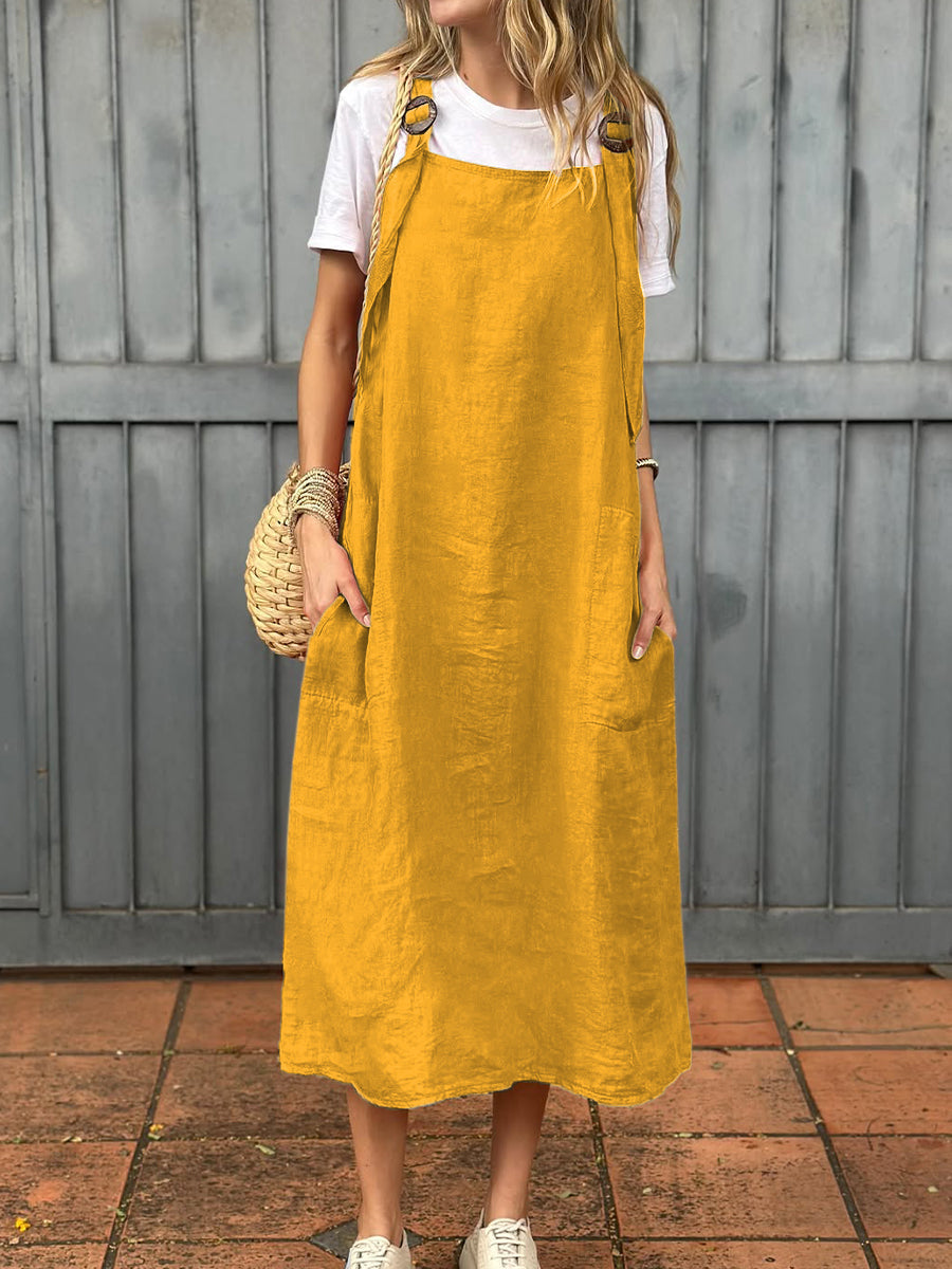 Vestido de mulher em algodão e linho com alça ajustável e bolso