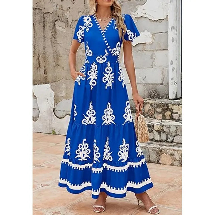 Vestido comprido casual estilo boho com decote em V