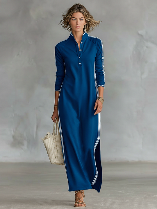 Vestido comprido estilo sweatshirt com gola abotoada