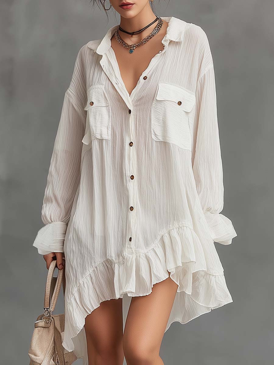 Vestido camiseiro retro oversized com babados 2025