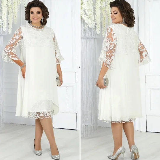 Vestido de mulher em chiffon bordado com retalhos e gola redonda