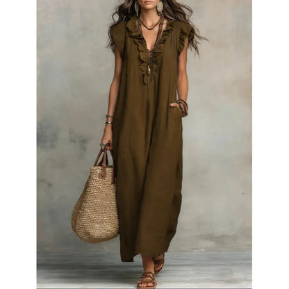 Vestido comprido com decote em V, folhos e manga curta