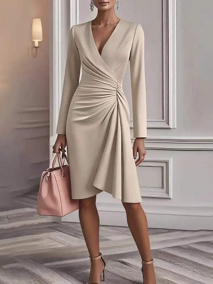 Vestido de mulher de cor sólida com decote em V