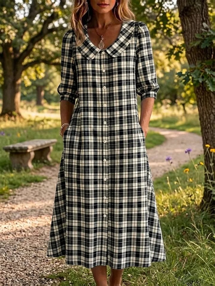 Vestido Xadrez Vintage para Mulher com Bolsos