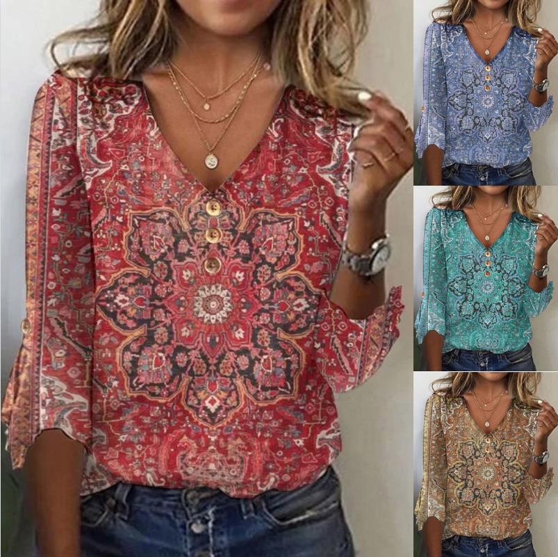 Camisa casual para mulher, manga 3/4, decote em V, adequada para o dia a dia
