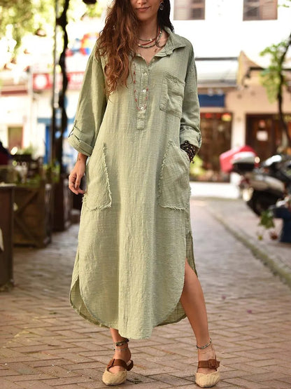 Vestido casual de mulher em algodão e linho com estampado artístico em cores sólidas