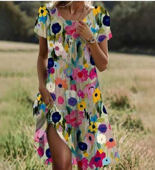 Vestido estampado colorido com decote