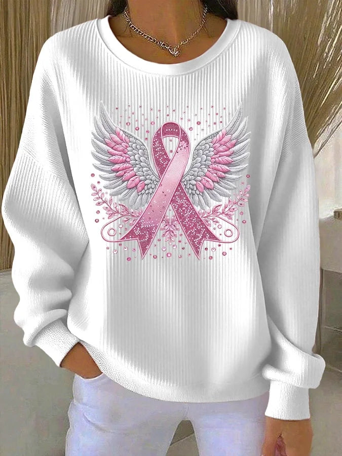 Sweatshirt casual para mulher com estampa de fita rosa e asas