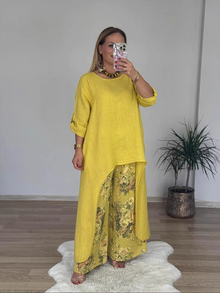 Fato casual de algodão e linho com blusa irregular e calças largas