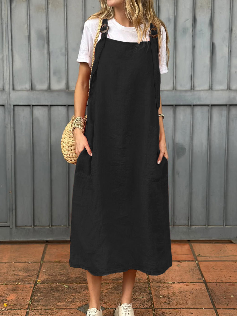 Vestido de mulher em algodão e linho com alça ajustável e bolso