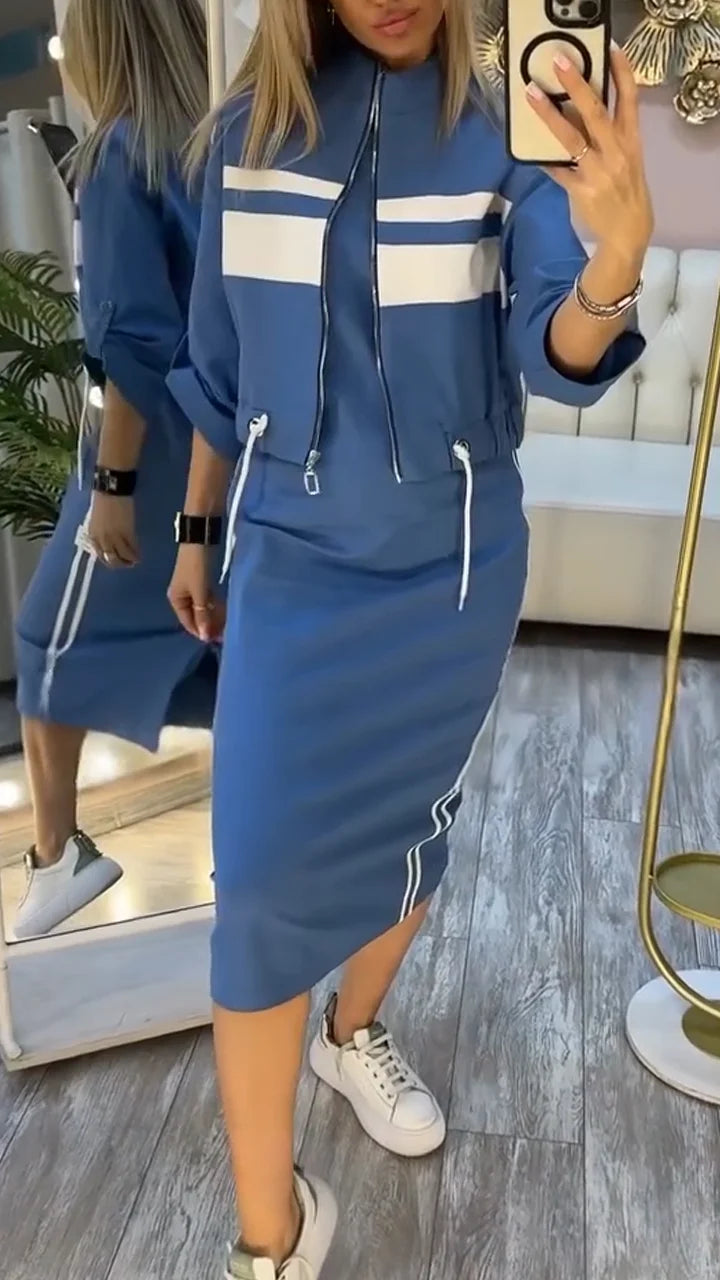 Conjunto casual de vestido e casaco para mulher com gola redonda