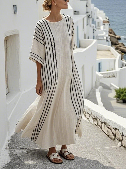 Vestido listrado de algodão e linho