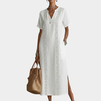 Vestido midi com decote em V e bordado