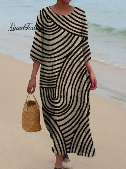 Vestido retro de algodão para mulher com estampado geométrico desenhado à mão e bolsos.