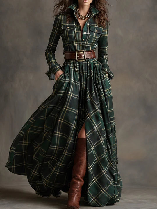 Vestido comprido xadrez castanho-avermelhado com gola estilo retro