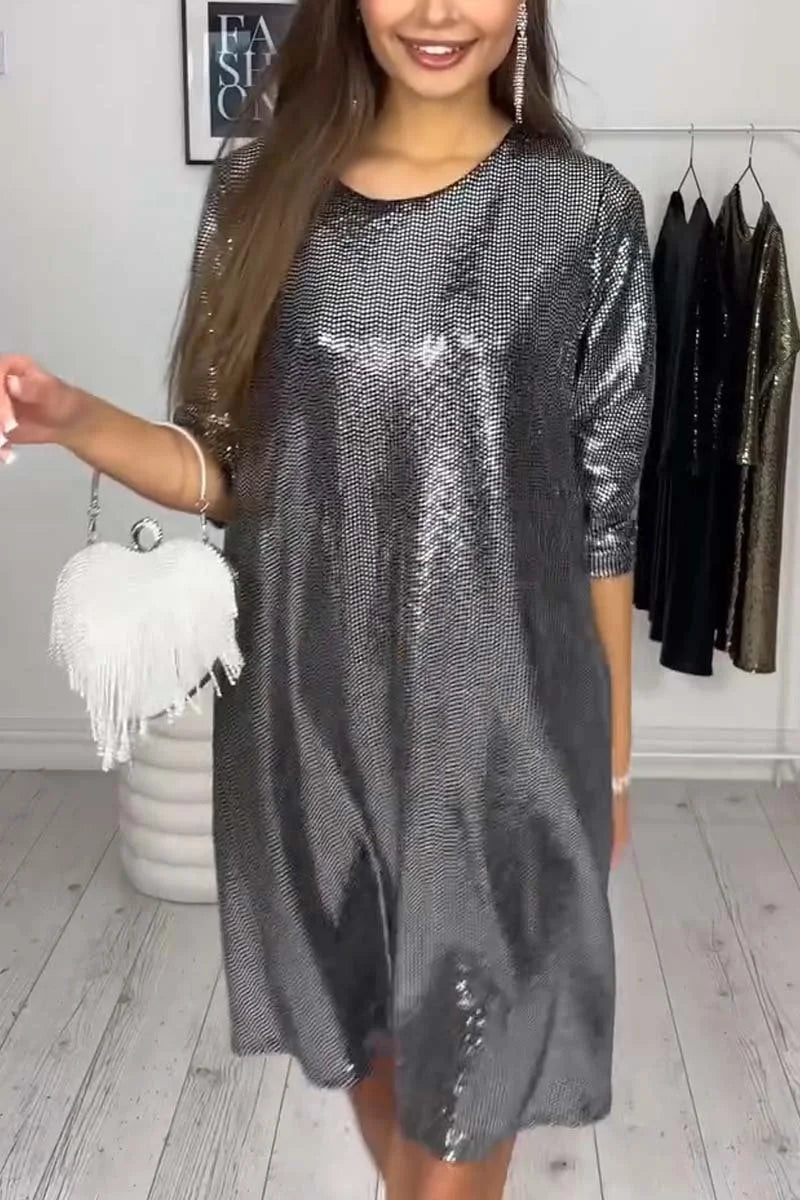 Vestido casual feminino brilhante manga comprida
