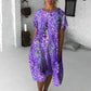Vestido midi casual com estampa floral, gola redonda, manga curta