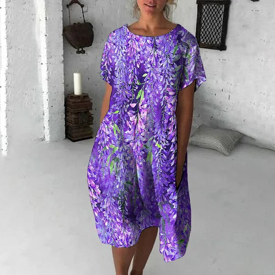Vestido midi casual com estampa floral, gola redonda, manga curta