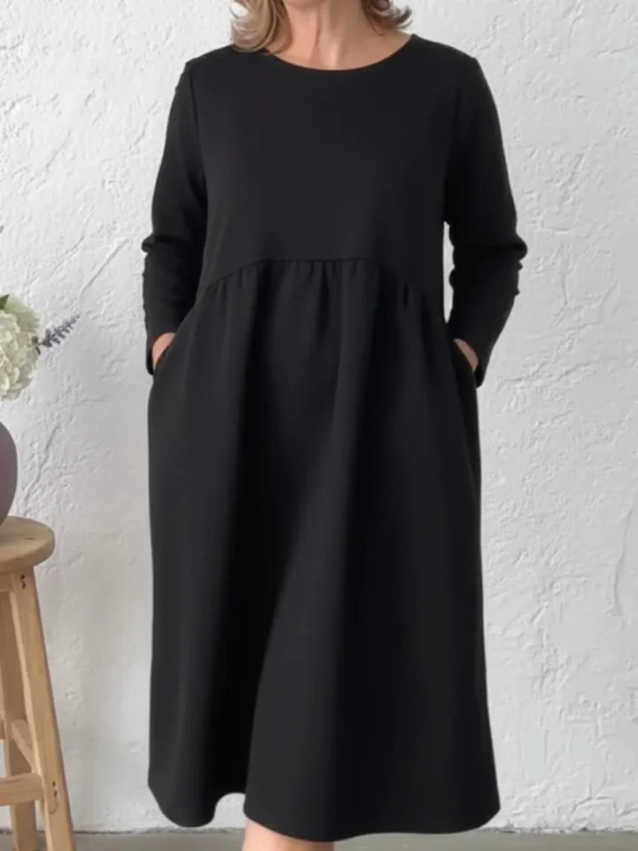 👗Vestido midi largo para mulher com decote redondo e bolsos – conforto sem esforço e elegância para o dia a dia✨